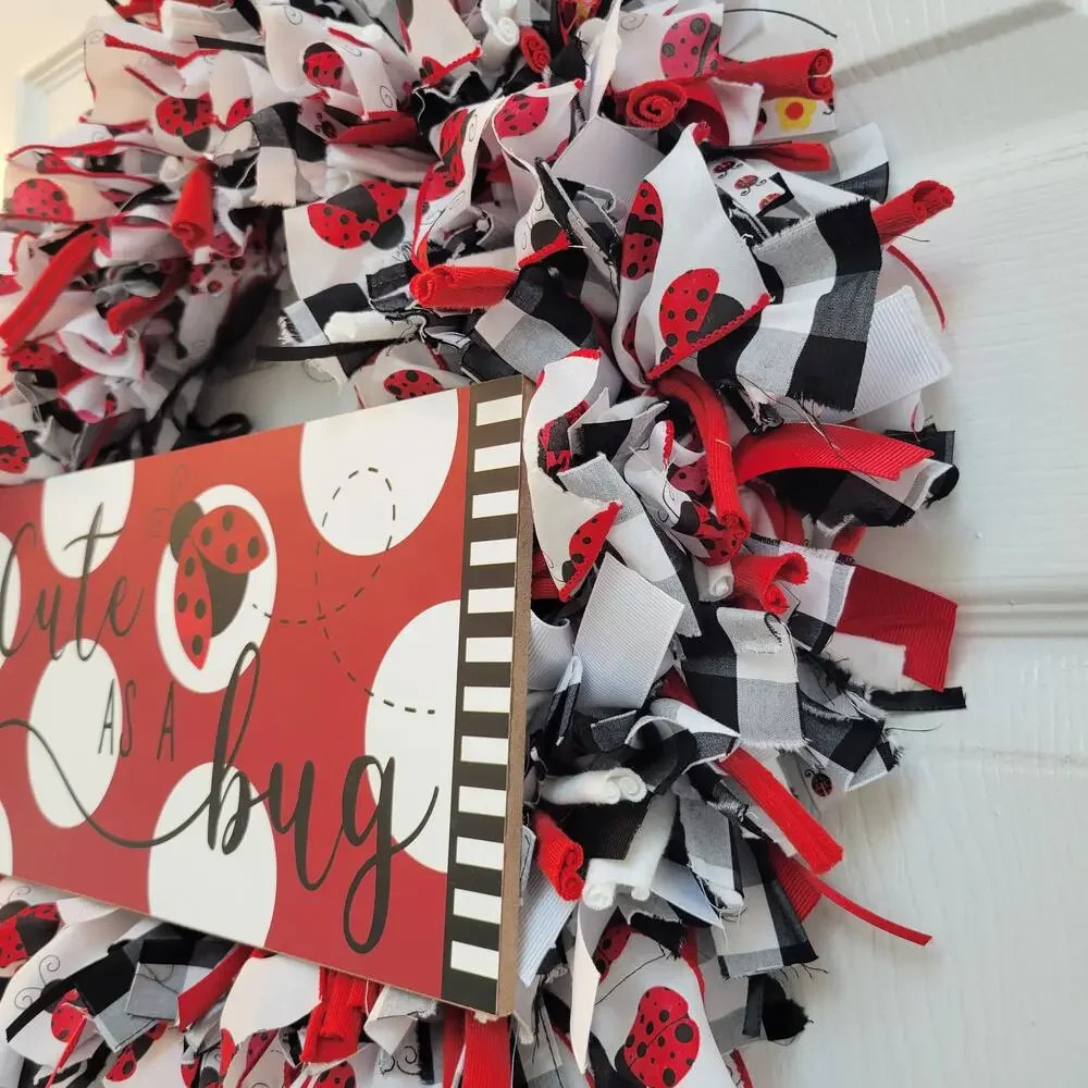 Cute as a Bug Handcrafted Rag Wreath Black White Red Ladybugs, 16